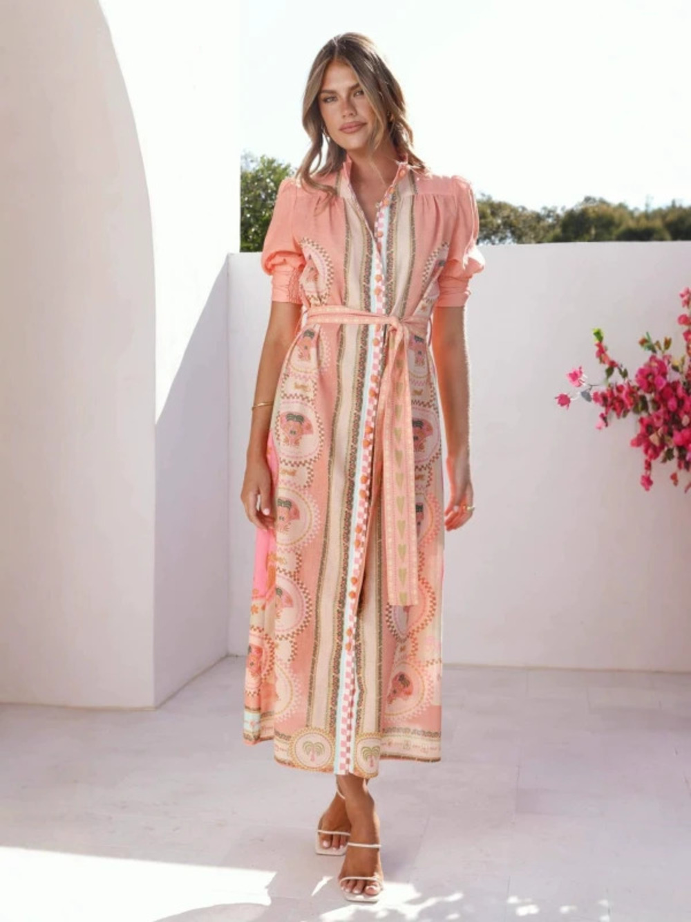 ZARA Chic Linen Stand Collar Waist Cinched Maxi Dress